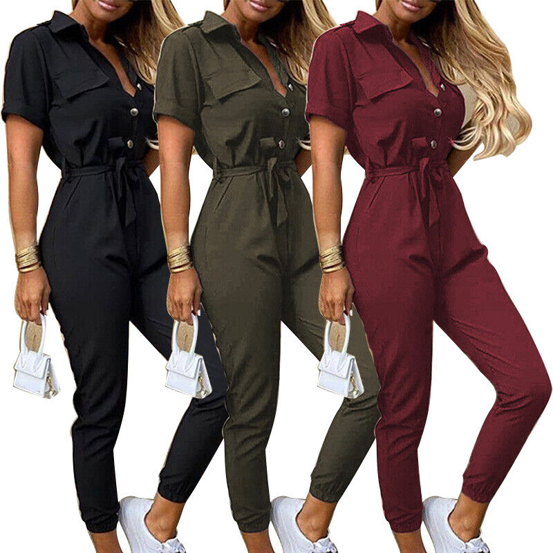 Short-Sleeve Belted Slim-Fit Women’s Jumpsuit