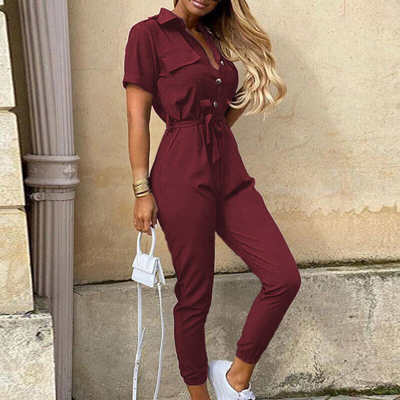 Short-Sleeve Belted Slim-Fit Women’s Jumpsuit