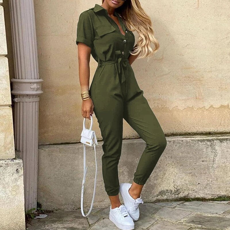Short-Sleeve Belted Slim-Fit Women’s Jumpsuit