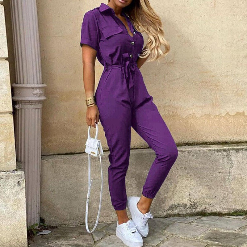 Short-Sleeve Belted Slim-Fit Women’s Jumpsuit