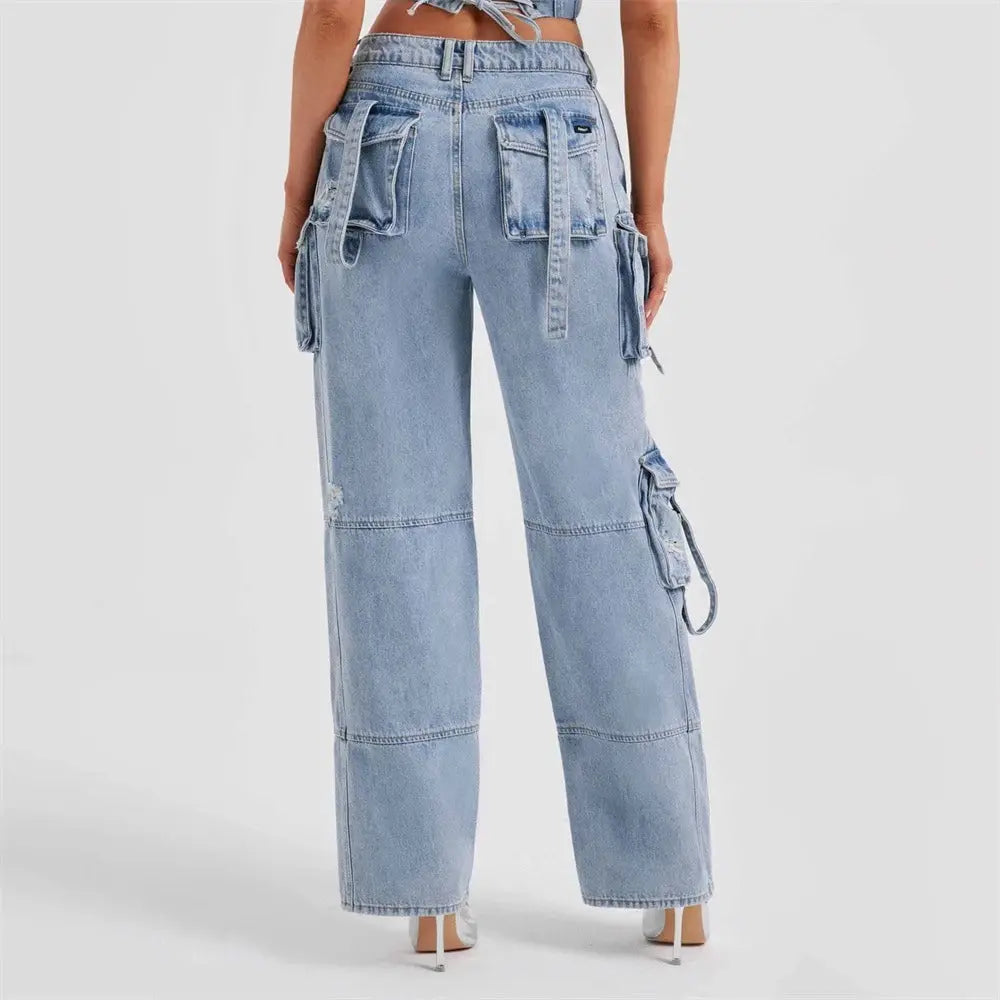 High-Waisted Cargo Denim Jeans with Multi-Pockets