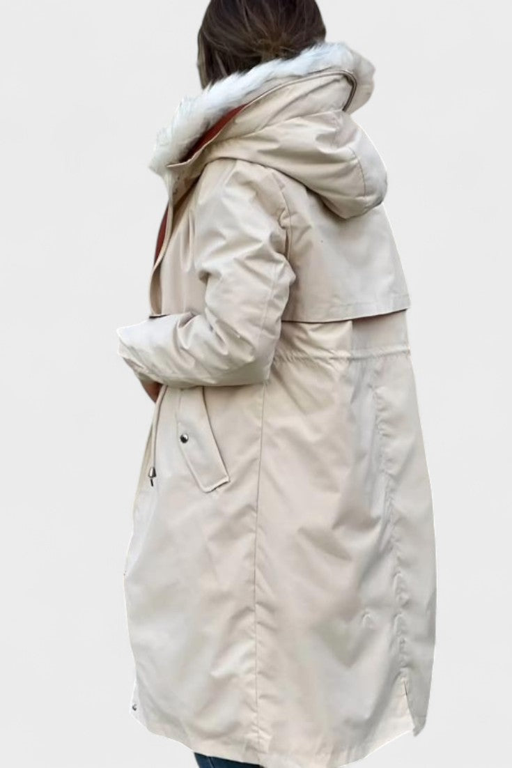Longline Hooded Puffer Coat with Faux Fur Trim and Drawstring Waist