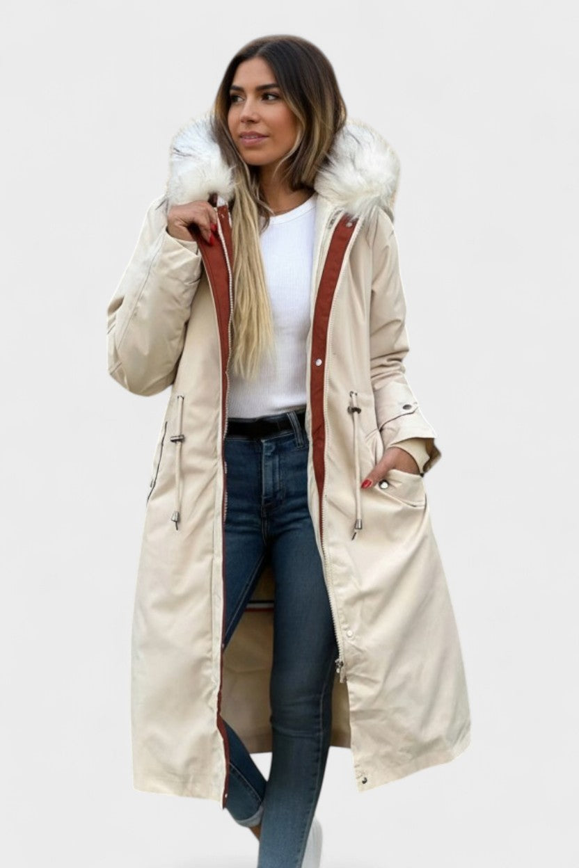 Longline Hooded Puffer Coat with Faux Fur Trim and Drawstring Waist