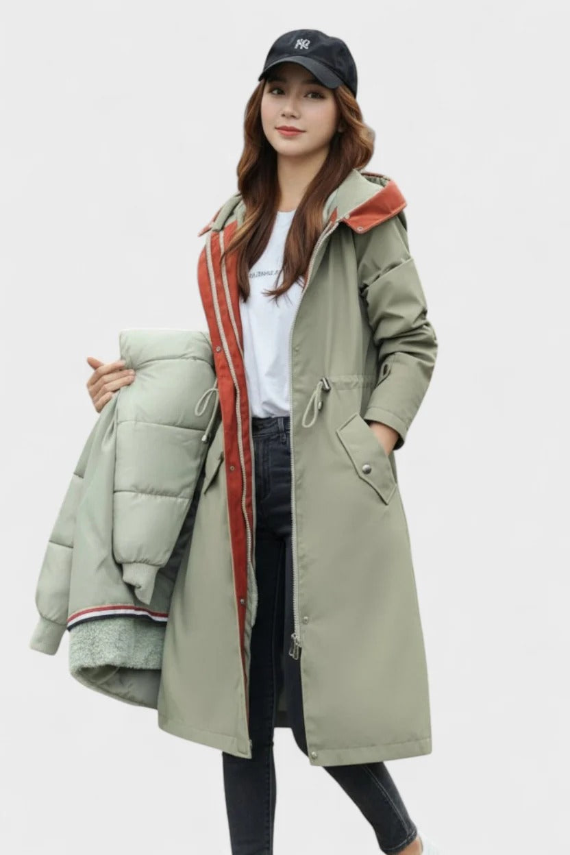 Longline Hooded Puffer Coat with Faux Fur Trim and Drawstring Waist