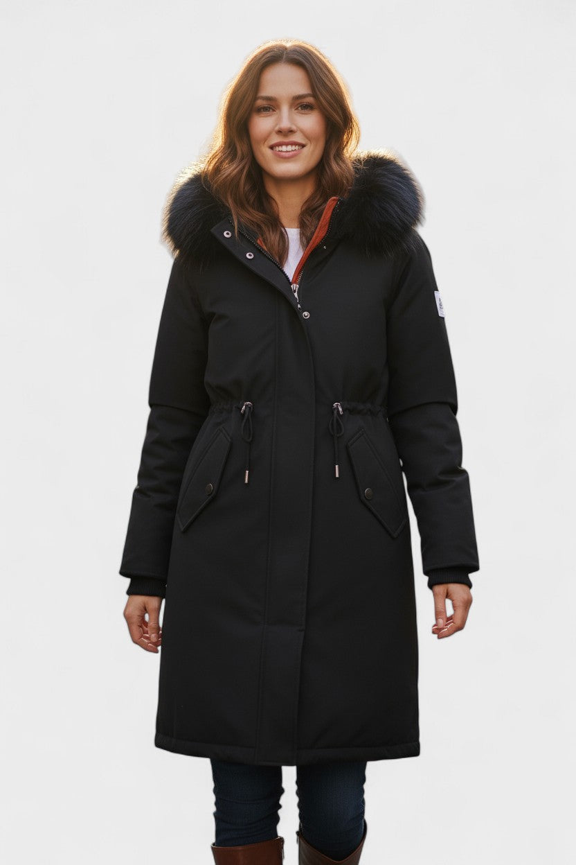 Longline Hooded Puffer Coat with Faux Fur Trim and Drawstring Waist