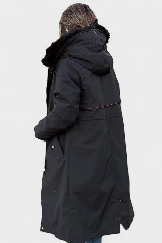 Longline Hooded Puffer Coat with Faux Fur Trim and Drawstring Waist