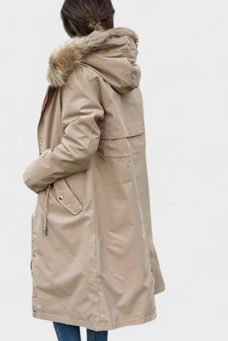Longline Hooded Puffer Coat with Faux Fur Trim and Drawstring Waist
