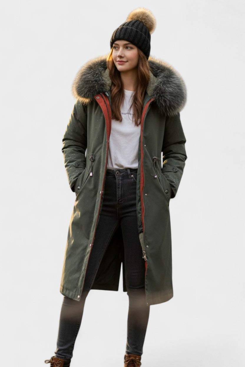 Longline Hooded Puffer Coat with Faux Fur Trim and Drawstring Waist
