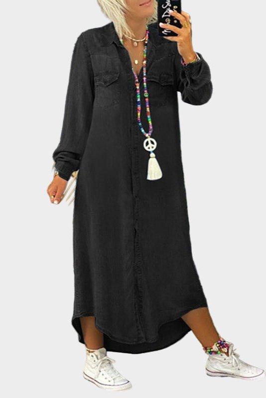 Relaxed Button Front Denim Maxi Shirt Dress with Long Sleeves