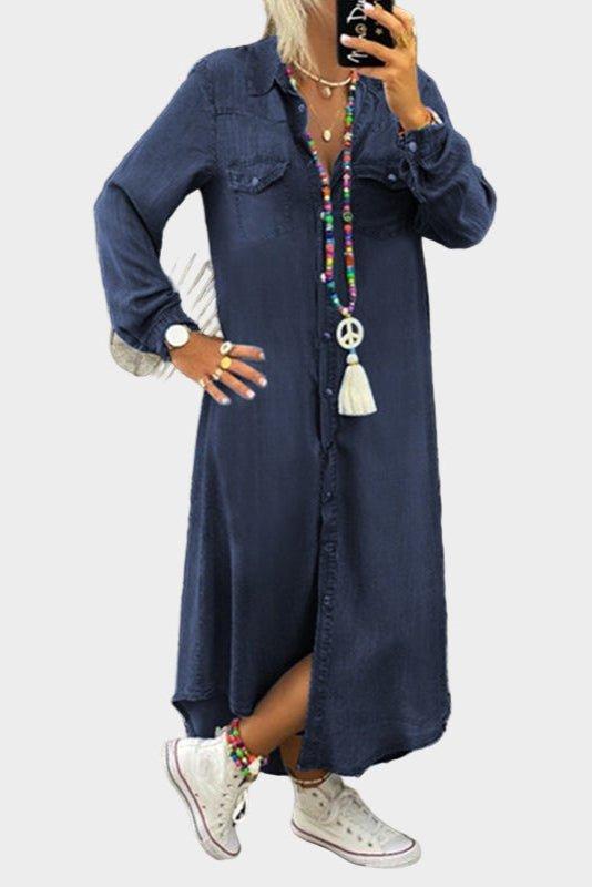 Relaxed Button Front Denim Maxi Shirt Dress with Long Sleeves