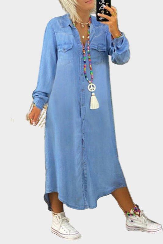 Relaxed Button Front Denim Maxi Shirt Dress with Long Sleeves