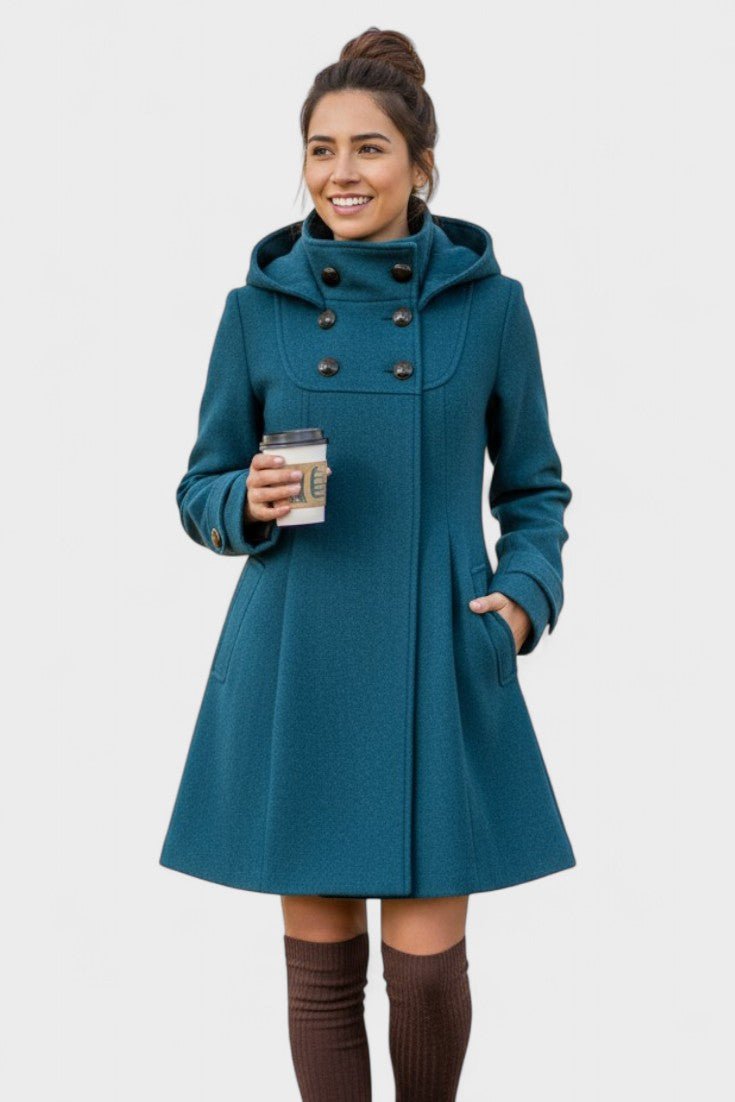 Structured A-Line Coat with High Collar and Button Detail
