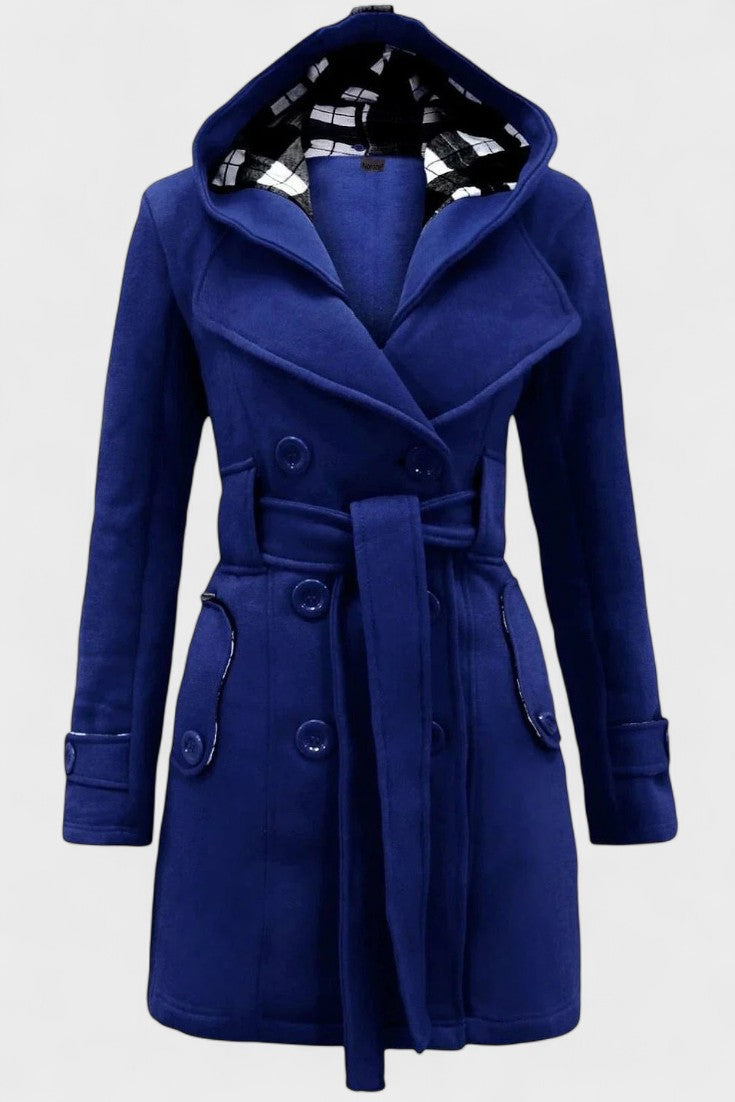Double Breasted Wool Blend Coat with Belted Waist and Hood