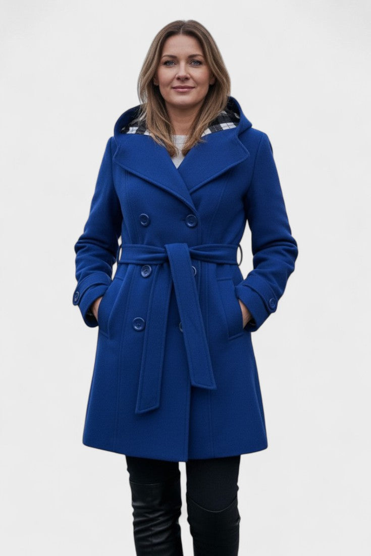 Double Breasted Wool Blend Coat with Belted Waist and Hood