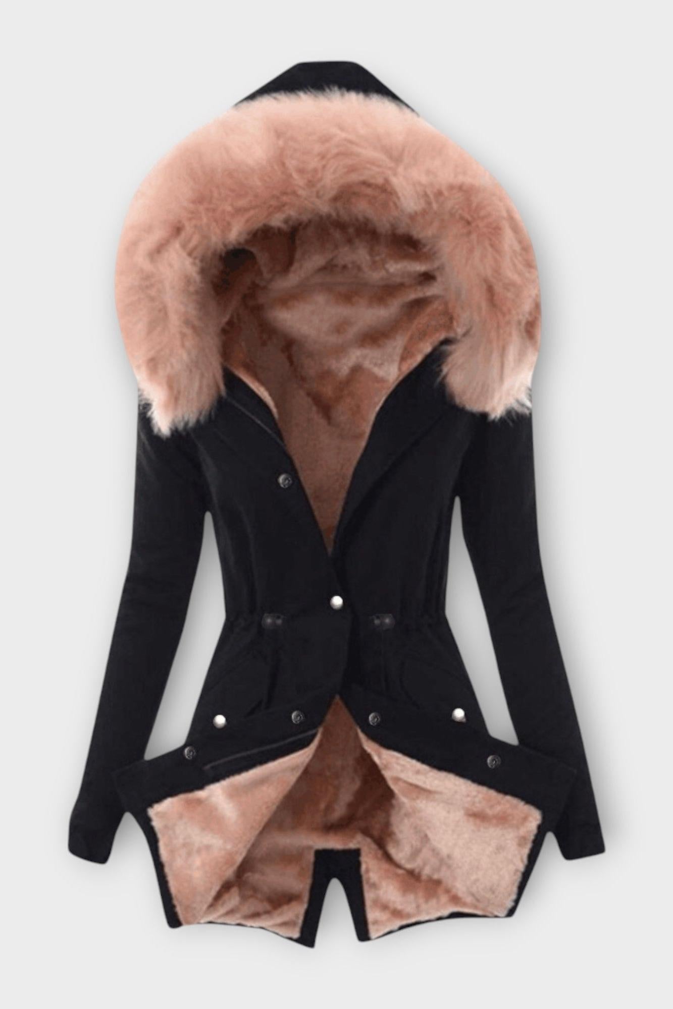 Faux Fur Lined Hooded Parka Coat with Drawstring Waist