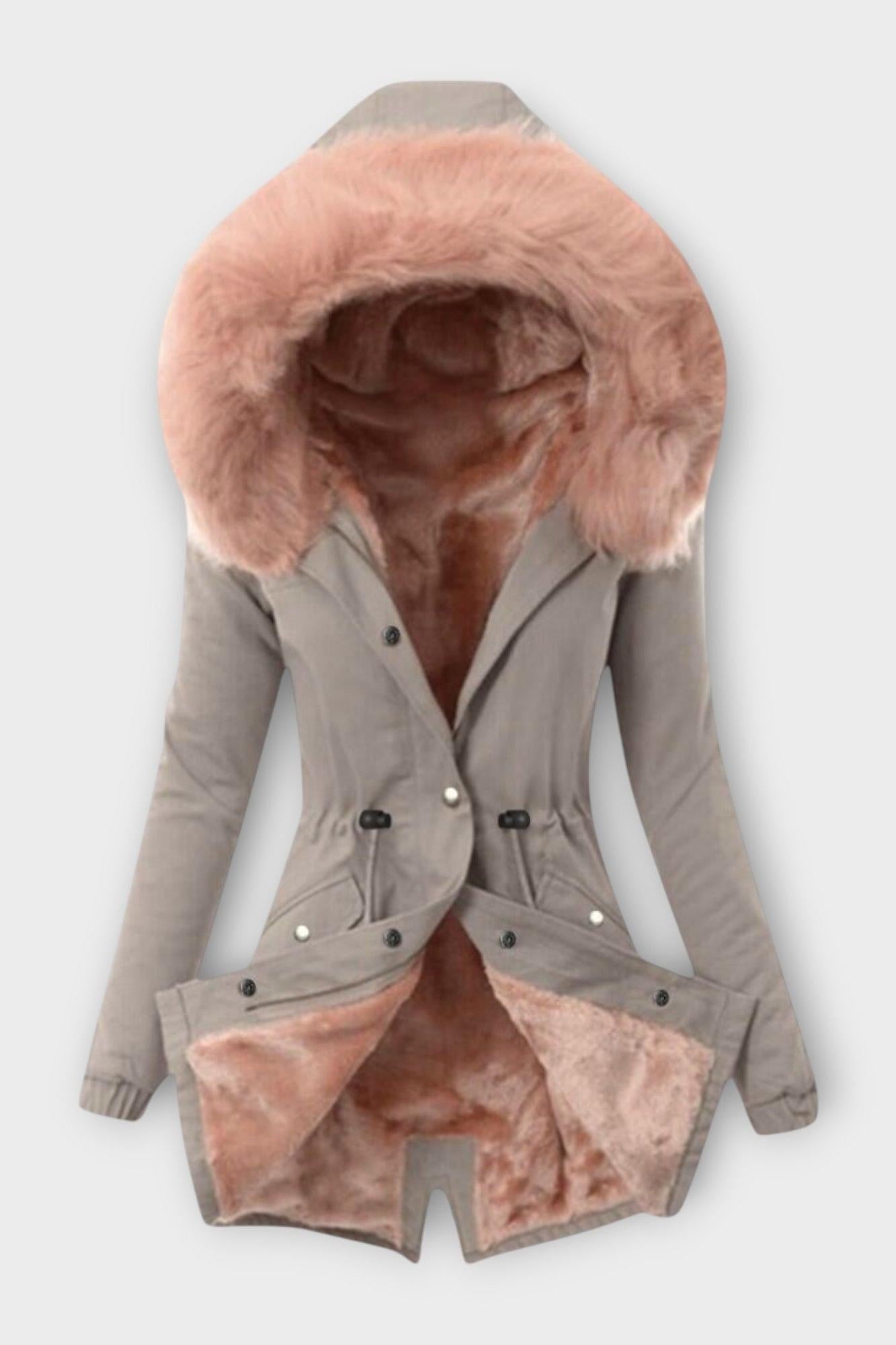 Faux Fur Lined Hooded Parka Coat with Drawstring Waist