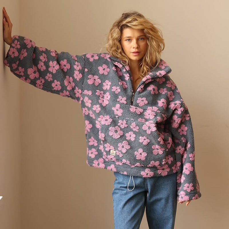 Floral Zip Neck Fleece Pullover for Cozy Everyday Comfort