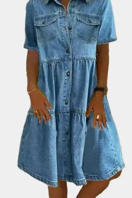 Button Front Denim Midi Dress with Short Sleeves and Waist Tie