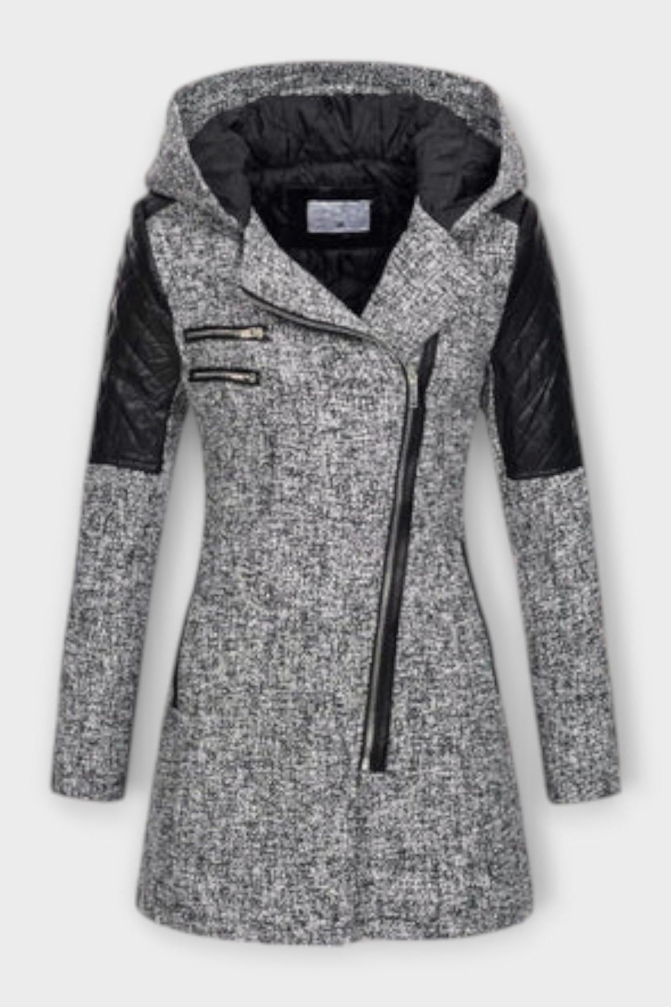 Asymmetrical Zip Hooded Coat with Quilted Sleeve Panels