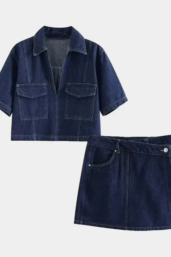 Two Piece Denim Shirt and Mini Skirt Set with Button Front Design