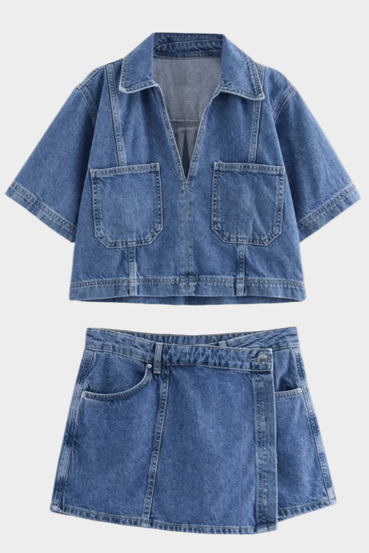 Two Piece Denim Shirt and Mini Skirt Set with Button Front Design