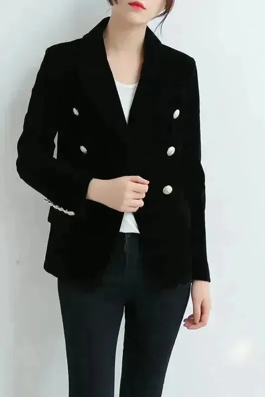 Velvet Double Breasted Blazer with Gold Button Cuff Detail