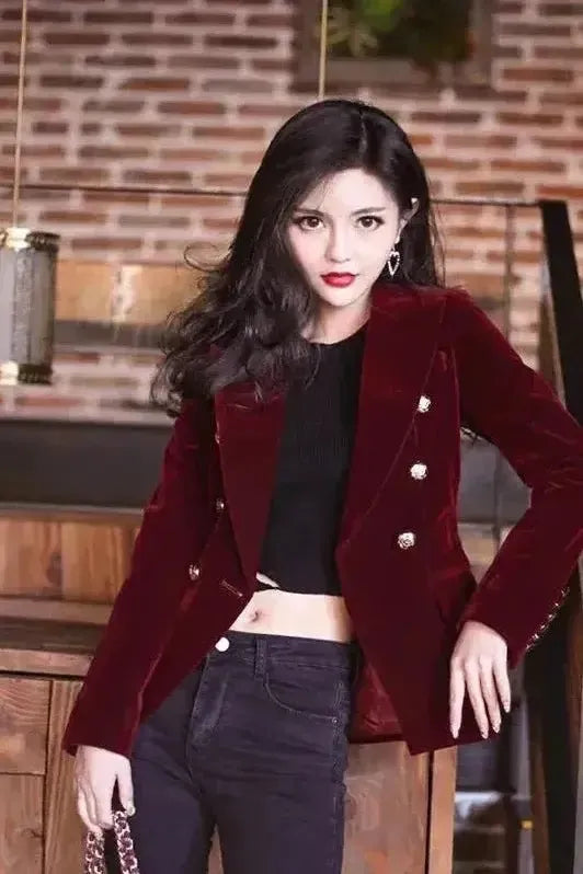 Velvet Double Breasted Blazer with Gold Button Cuff Detail