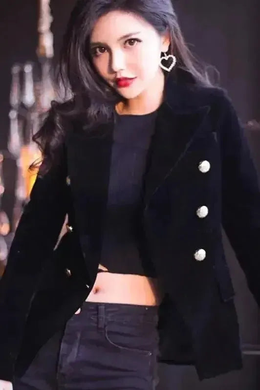 Velvet Double Breasted Blazer with Gold Button Cuff Detail