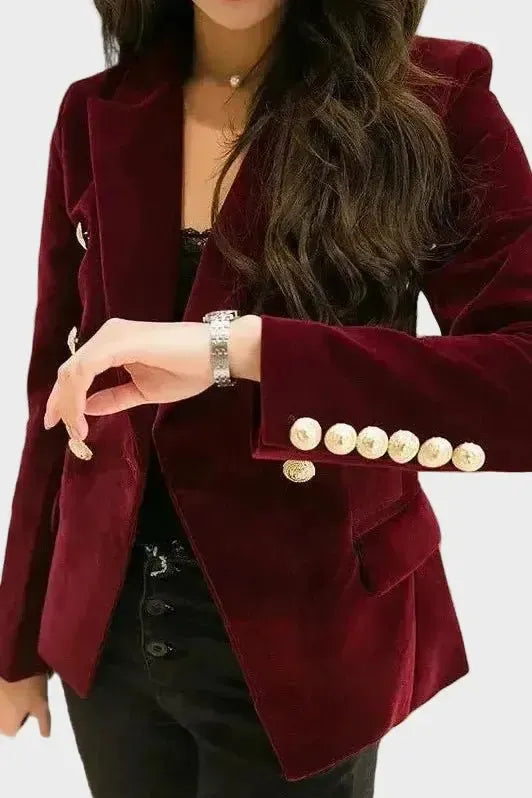 Velvet Double Breasted Blazer with Gold Button Cuff Detail