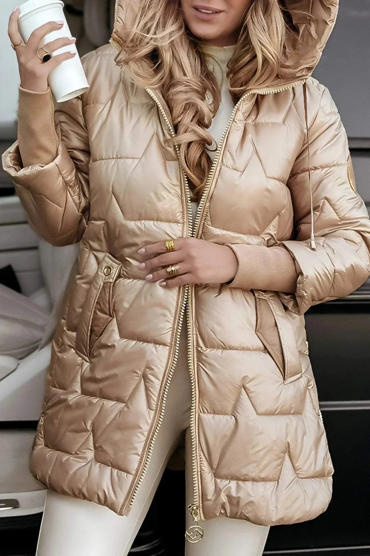 Insulated Hooded Puffer Jacket with Zip Front and Quilted Design