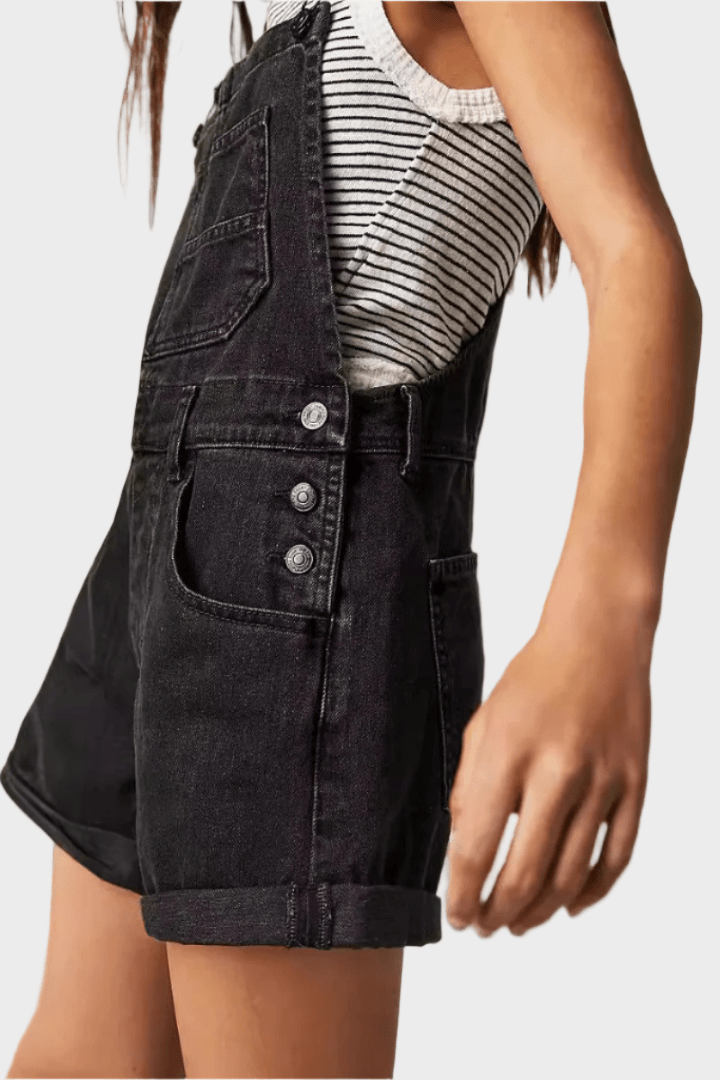 Relaxed Denim Short Overalls with Side Button Detail and Pockets