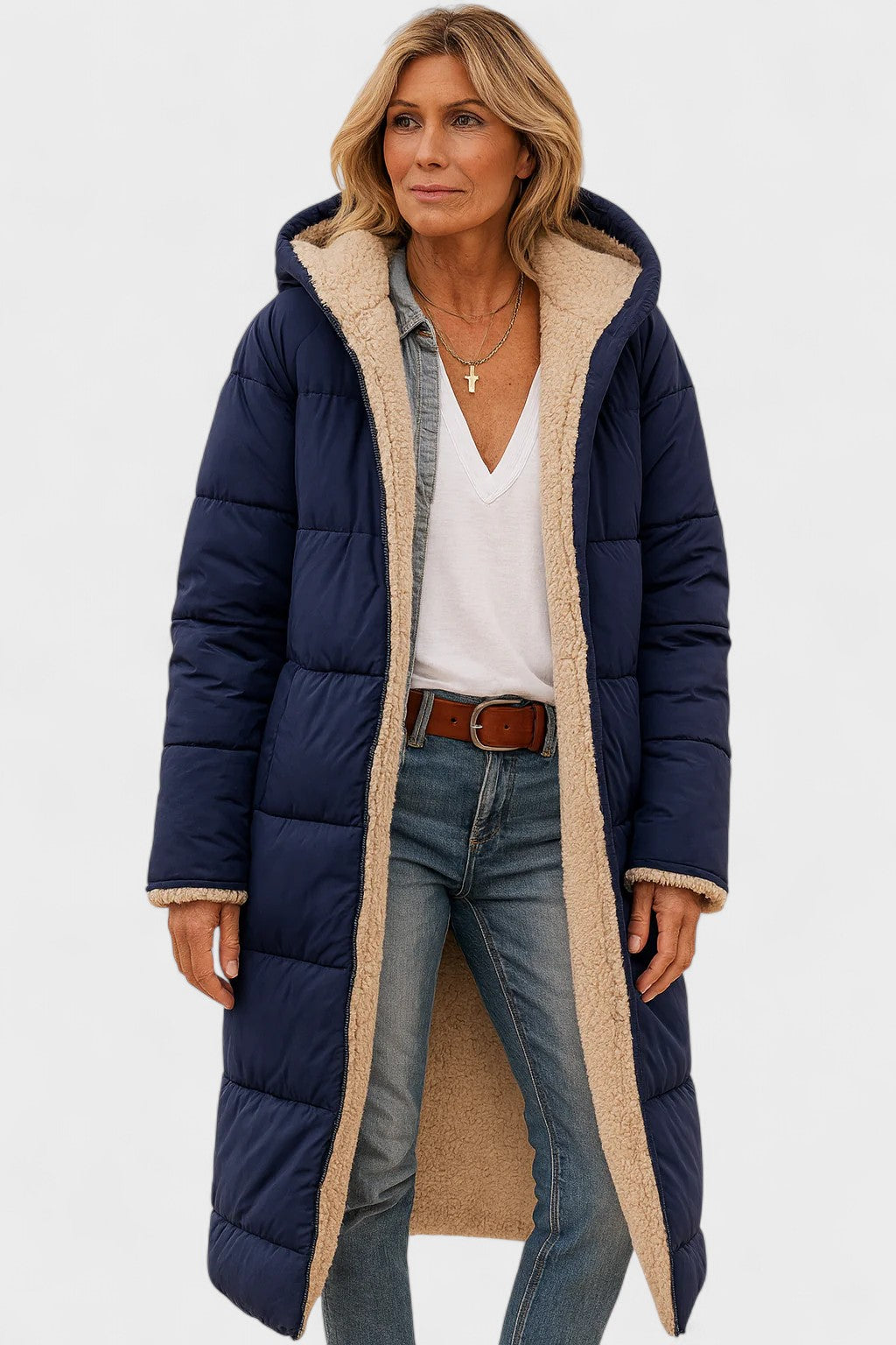 Longline Hooded Puffer Coat with Plush Lined Interior