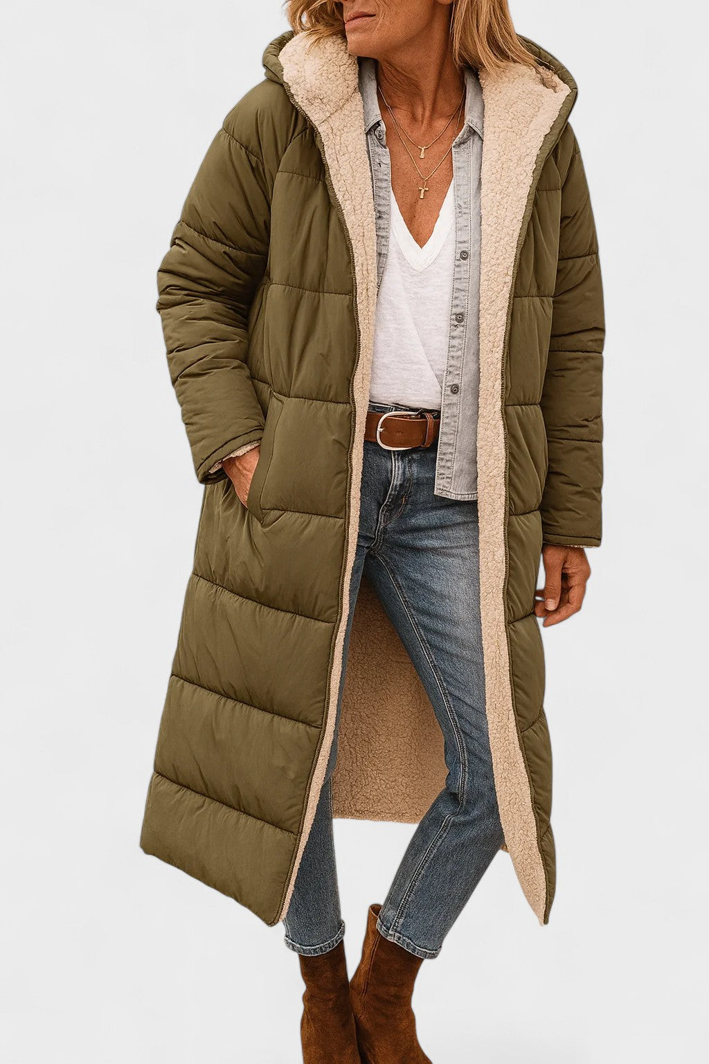 Longline Hooded Puffer Coat with Plush Lined Interior