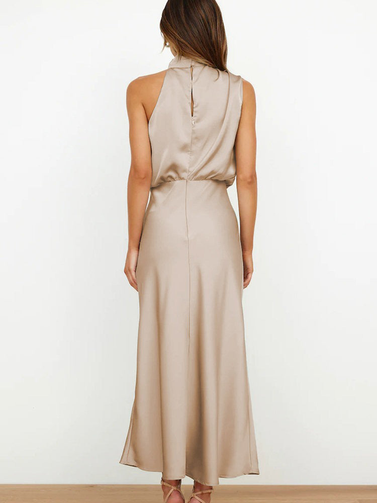 Elegant Satin Cowl Neck Midi Dress