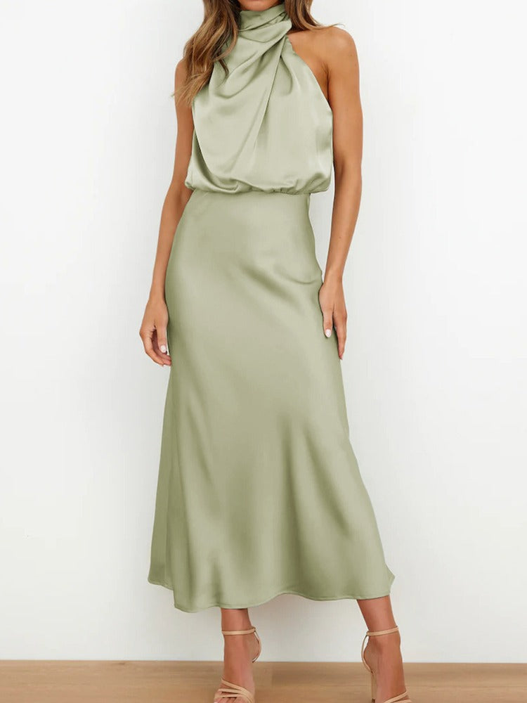 Elegant Satin Cowl Neck Midi Dress