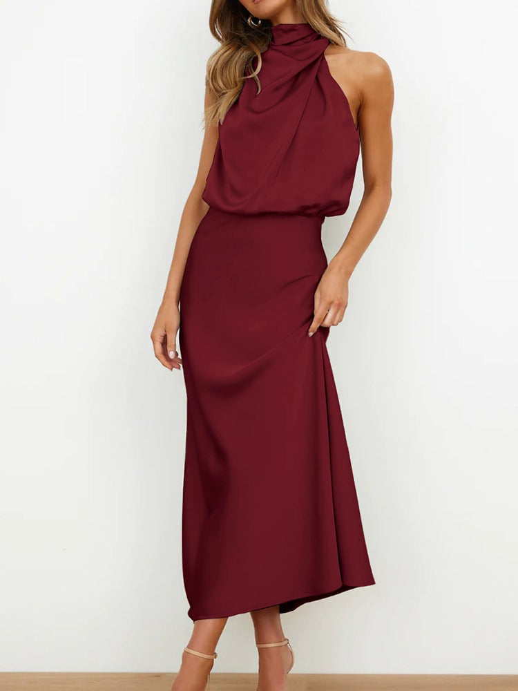 Elegant Satin Cowl Neck Midi Dress