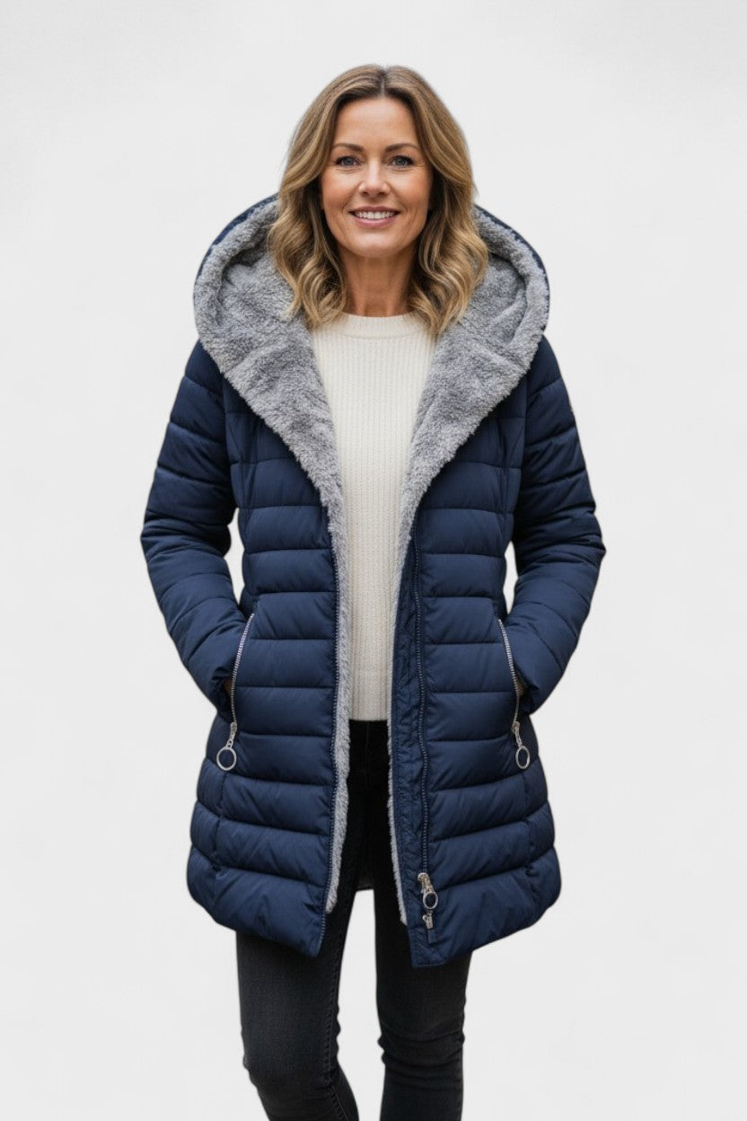 Longline Insulated Puffer Coat with Plush Hood and Zip Front