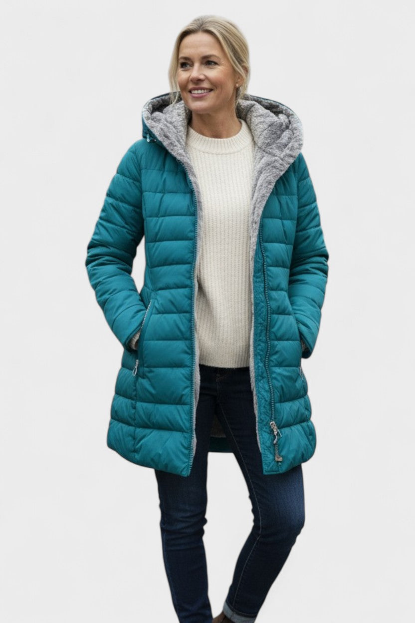 Longline Insulated Puffer Coat with Plush Hood and Zip Front