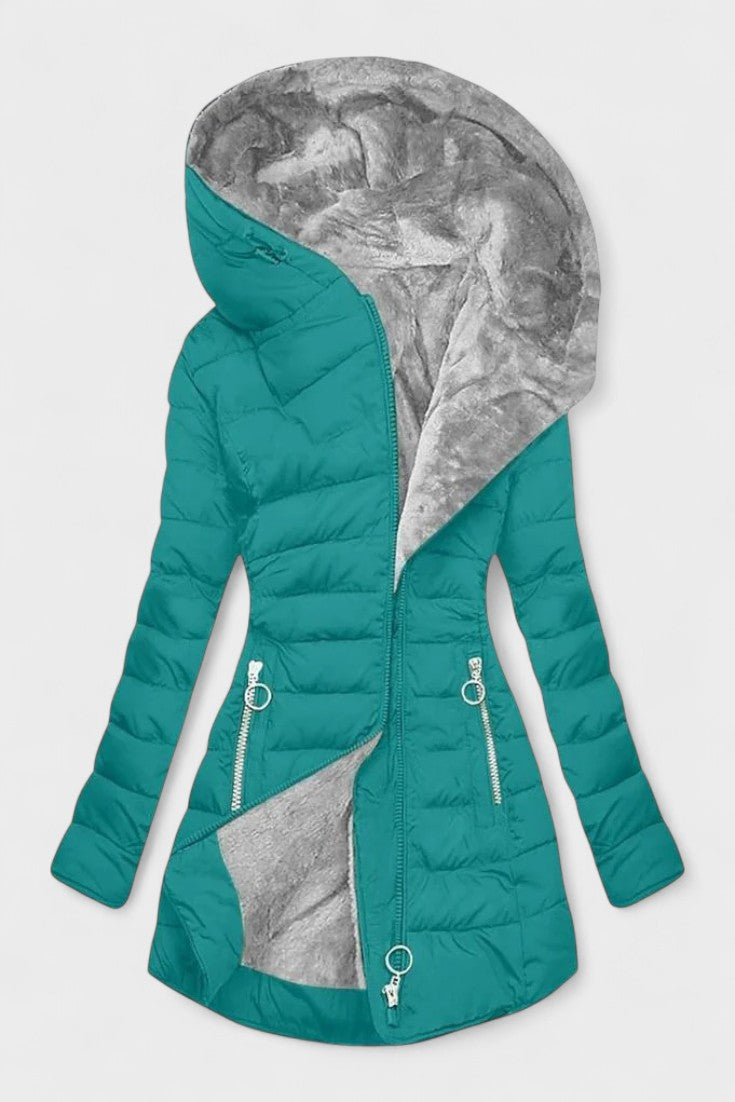 Longline Insulated Puffer Coat with Plush Hood and Zip Front