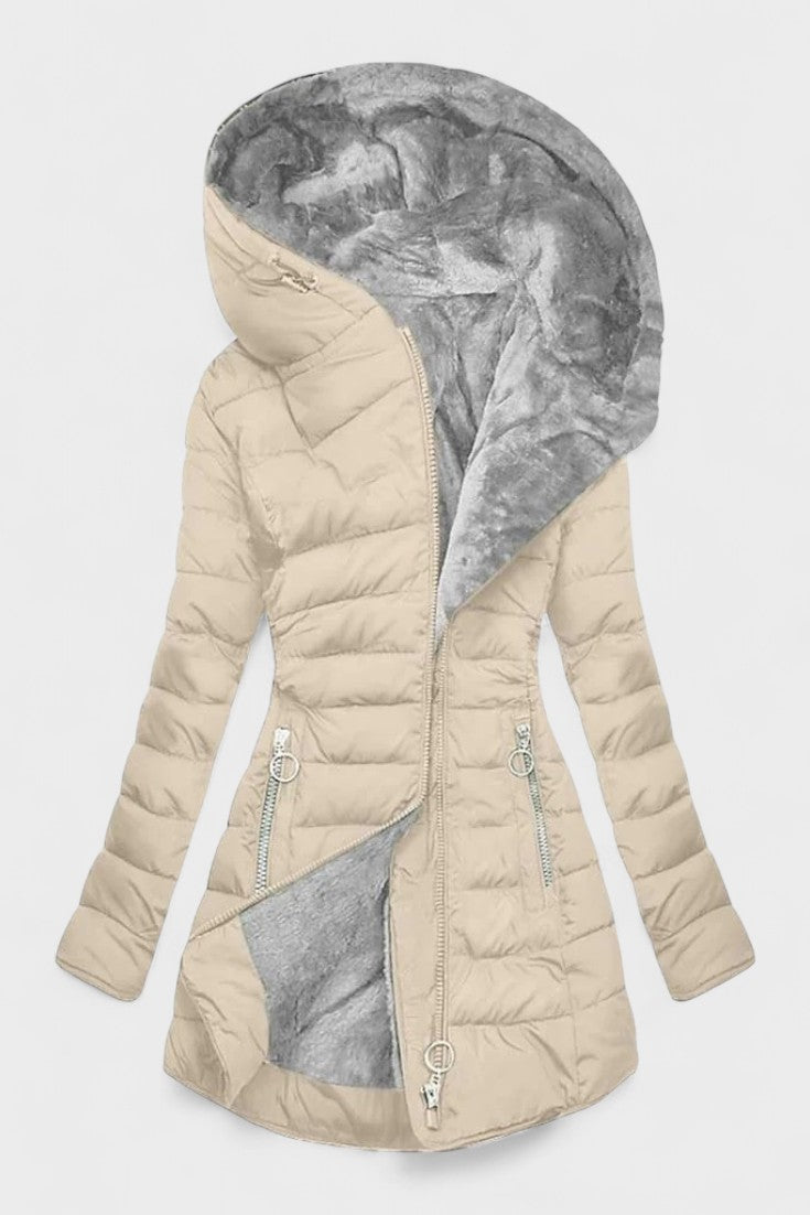 Longline Insulated Puffer Coat with Plush Hood and Zip Front