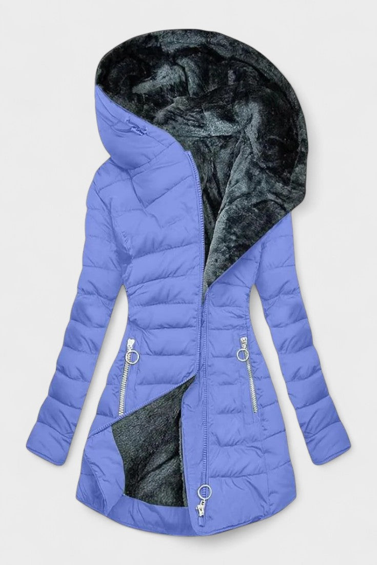 Longline Insulated Puffer Coat with Plush Hood and Zip Front