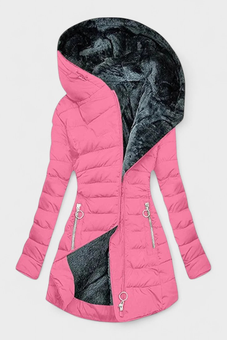 Longline Insulated Puffer Coat with Plush Hood and Zip Front