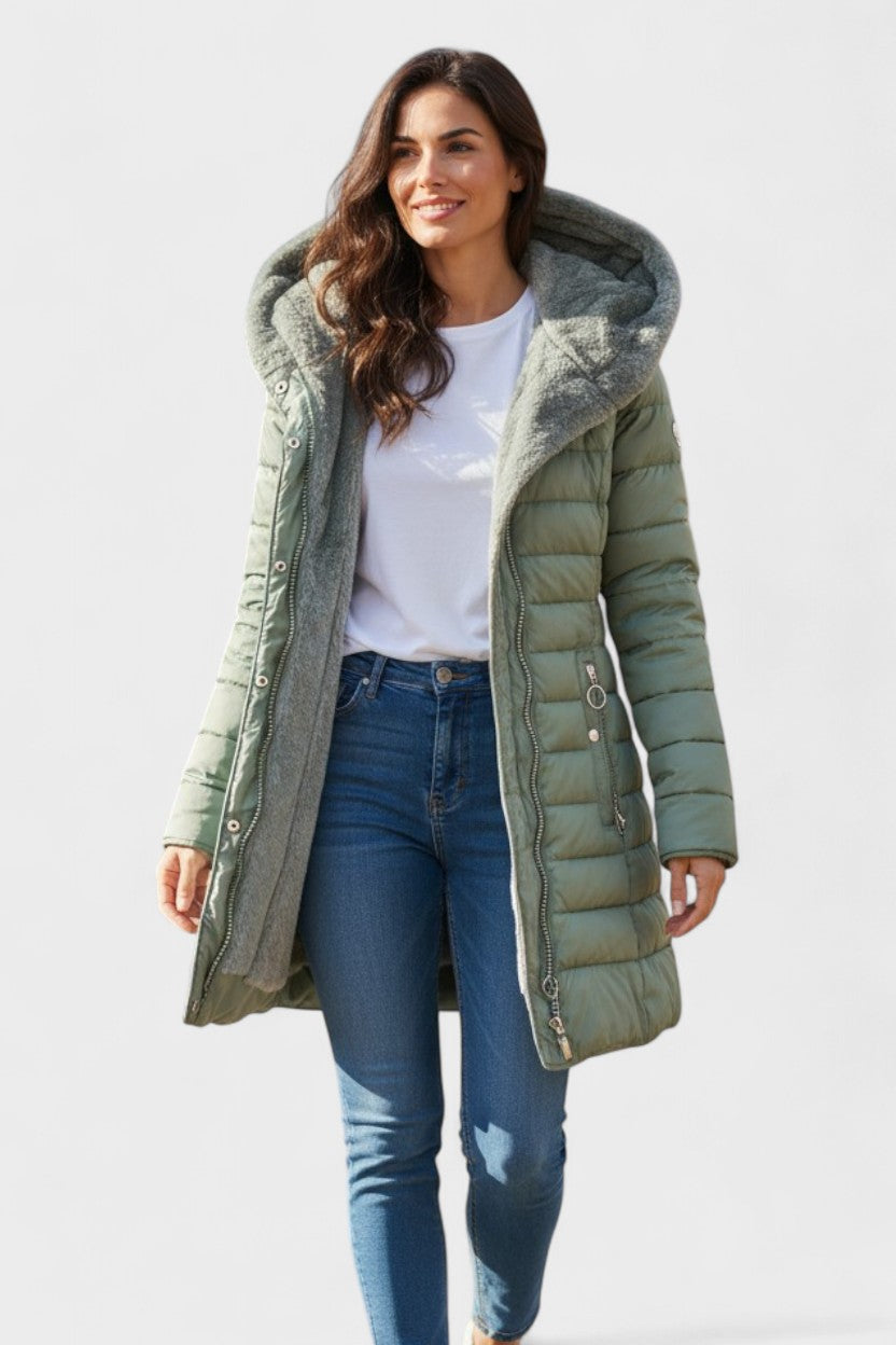 Longline Insulated Puffer Coat with Plush Hood and Zip Front