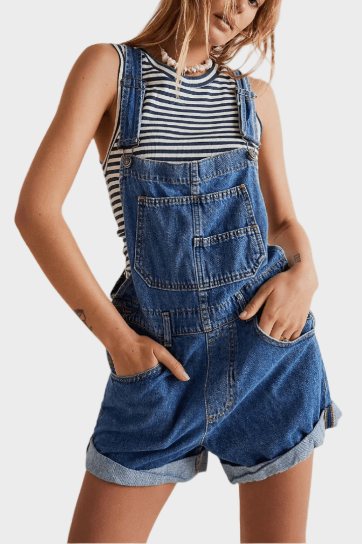 Relaxed Denim Short Overalls with Adjustable Straps and Utility Pockets