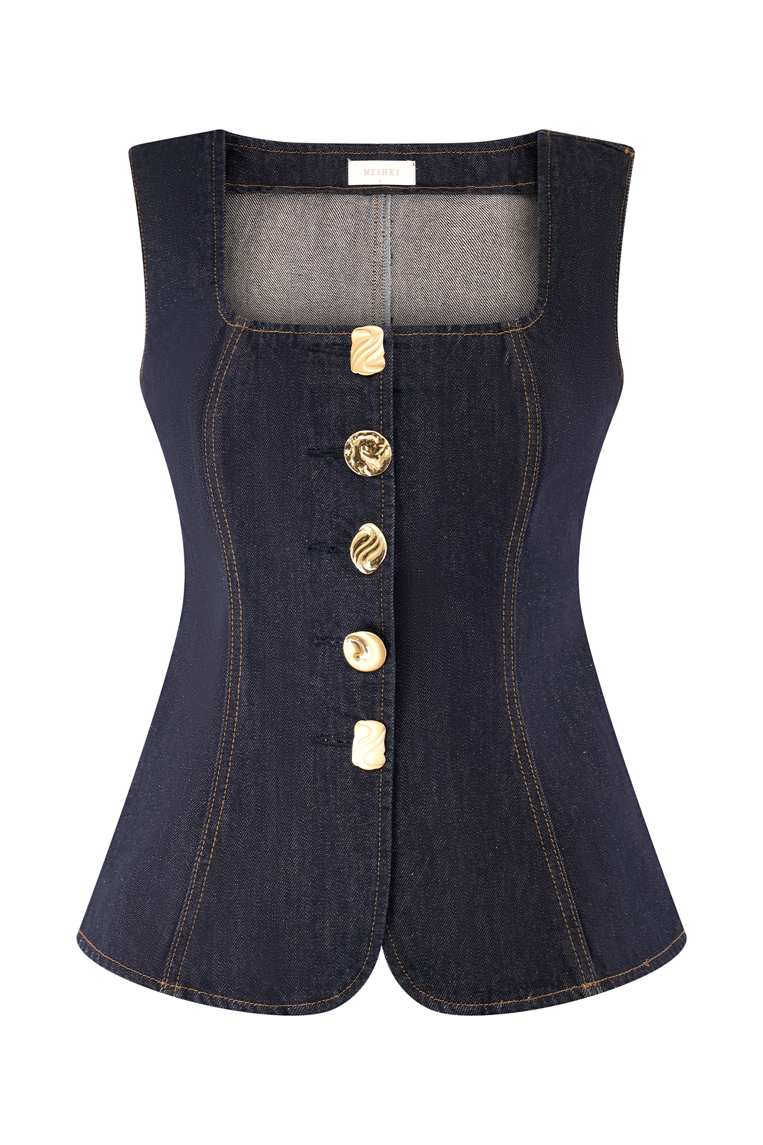 Denim Button-Front Sleeveless Corset Top & Straight-Leg Pants Set