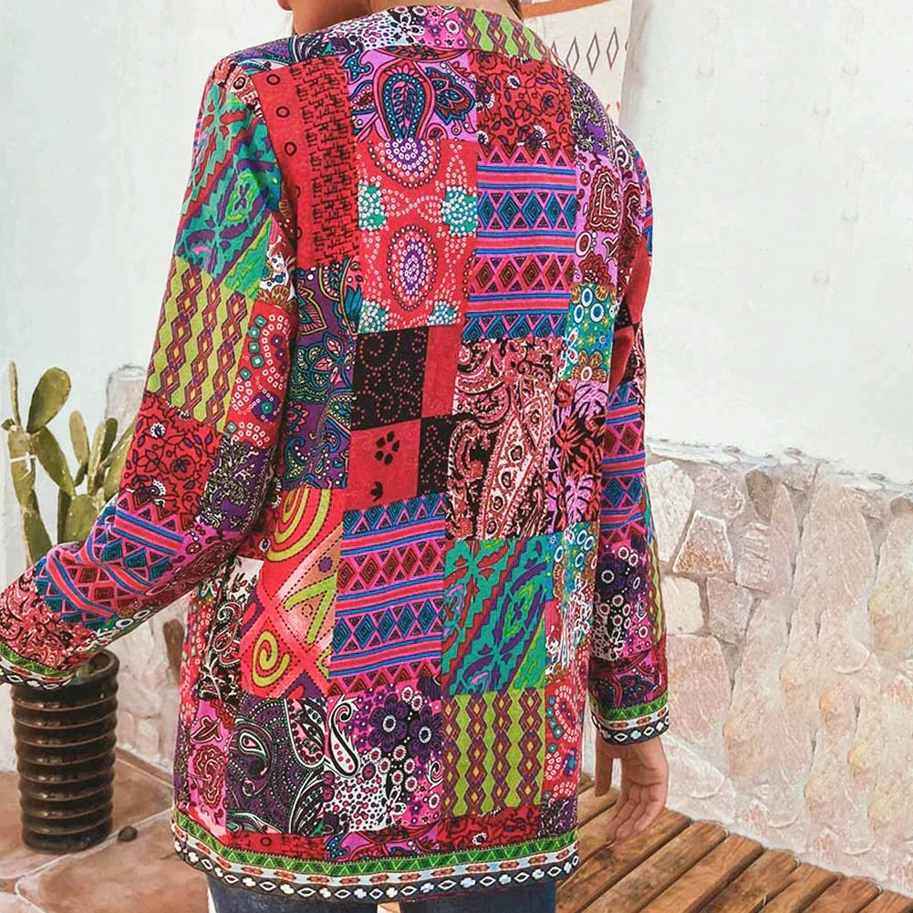 Boho Patchwork Print Open Front Jacket