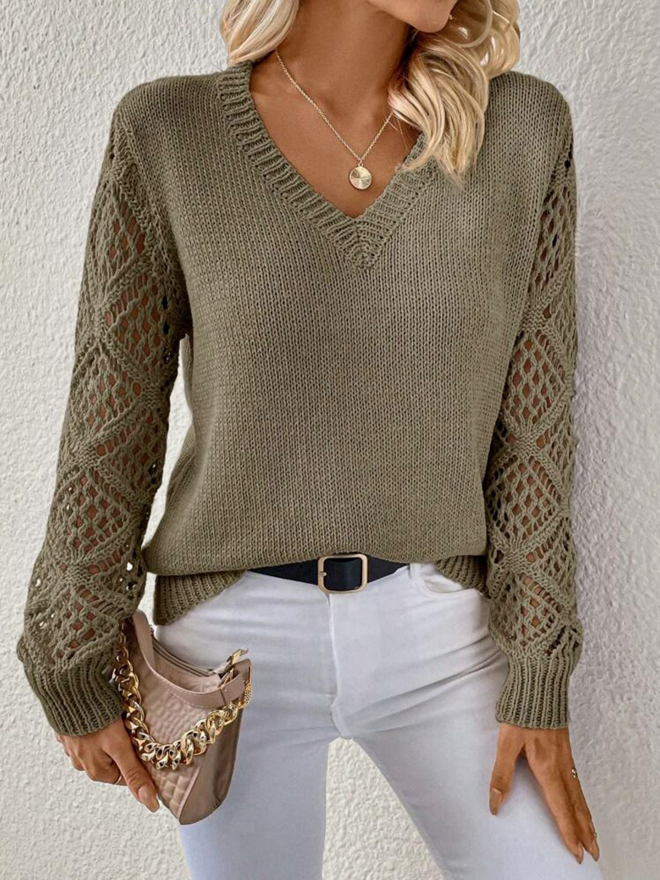 V-Neck Knit Sweater with Openwork Sleeves