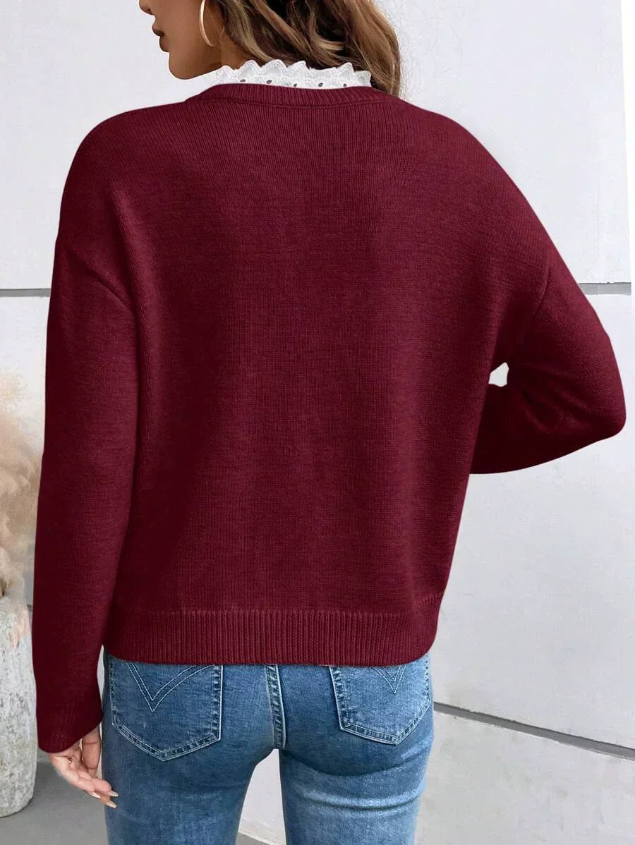 V Neck Lace Trim Knit Top for Elegant Everyday Style