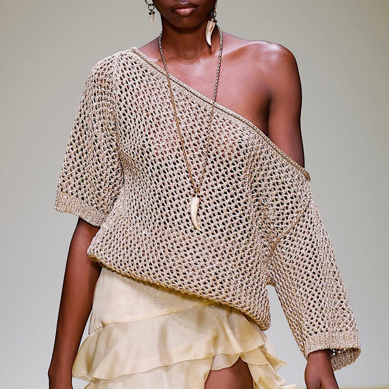 Chic Open-Knit Off-Shoulder Loose Sweater Top