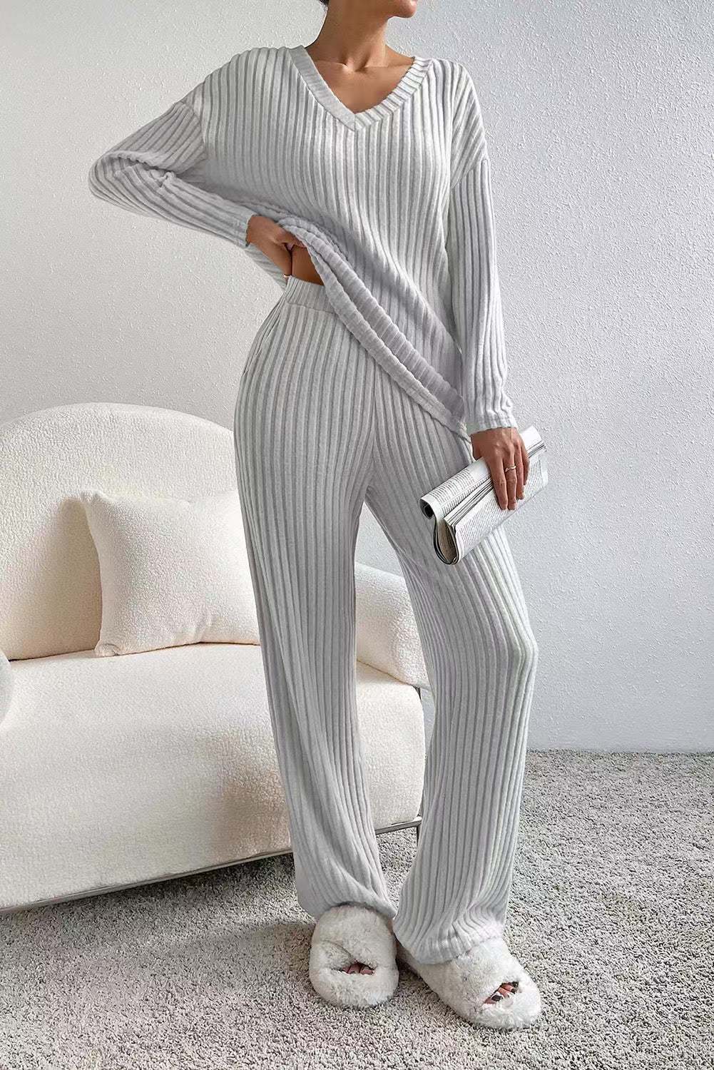Ribbed Knit Long Sleeve Lounge Set